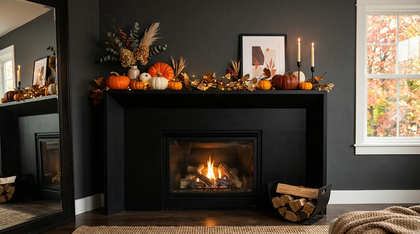 Let nearby decor echo the same fall palette inspiration for a fall mantel display.